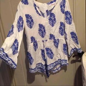 Blur and white boho long sleeve romper